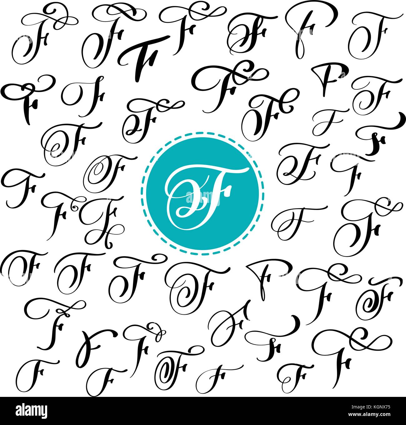 Set di disegnato a mano la calligrafia vettore lettera f. script font. isolato lettere scritte con inchiostro. manoscritte stile Brush. scritte a mano per i loghi packaging design poster. typographic impostato su sfondo bianco Illustrazione Vettoriale