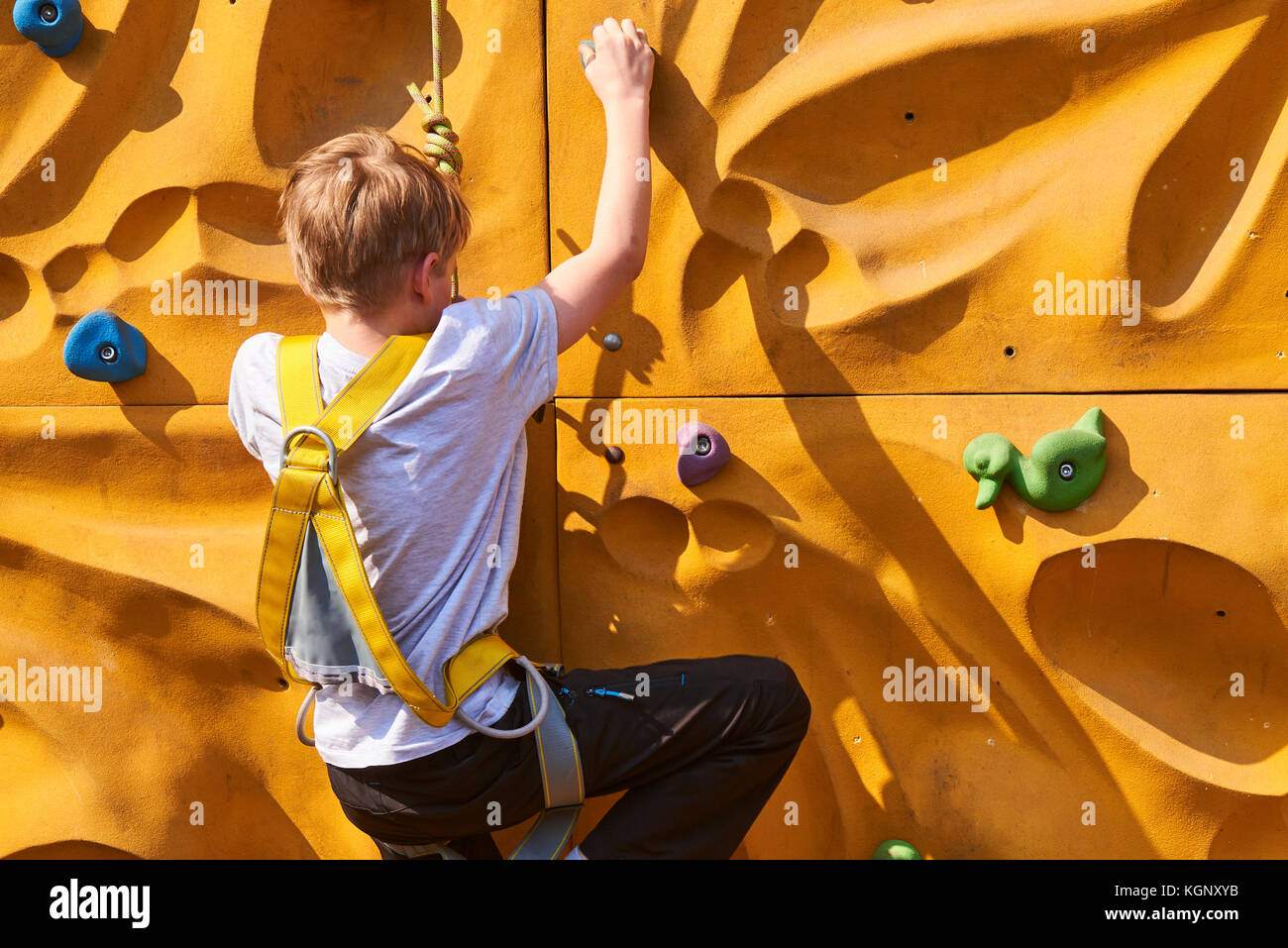 Bambino scalare una parete di roccia outdoor - bouldering Foto Stock