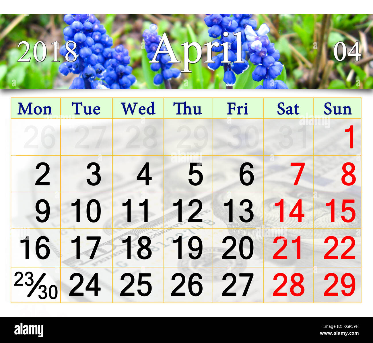 Calendario per il mese di aprile 2018 con nastro di fioritura muscari Foto Stock