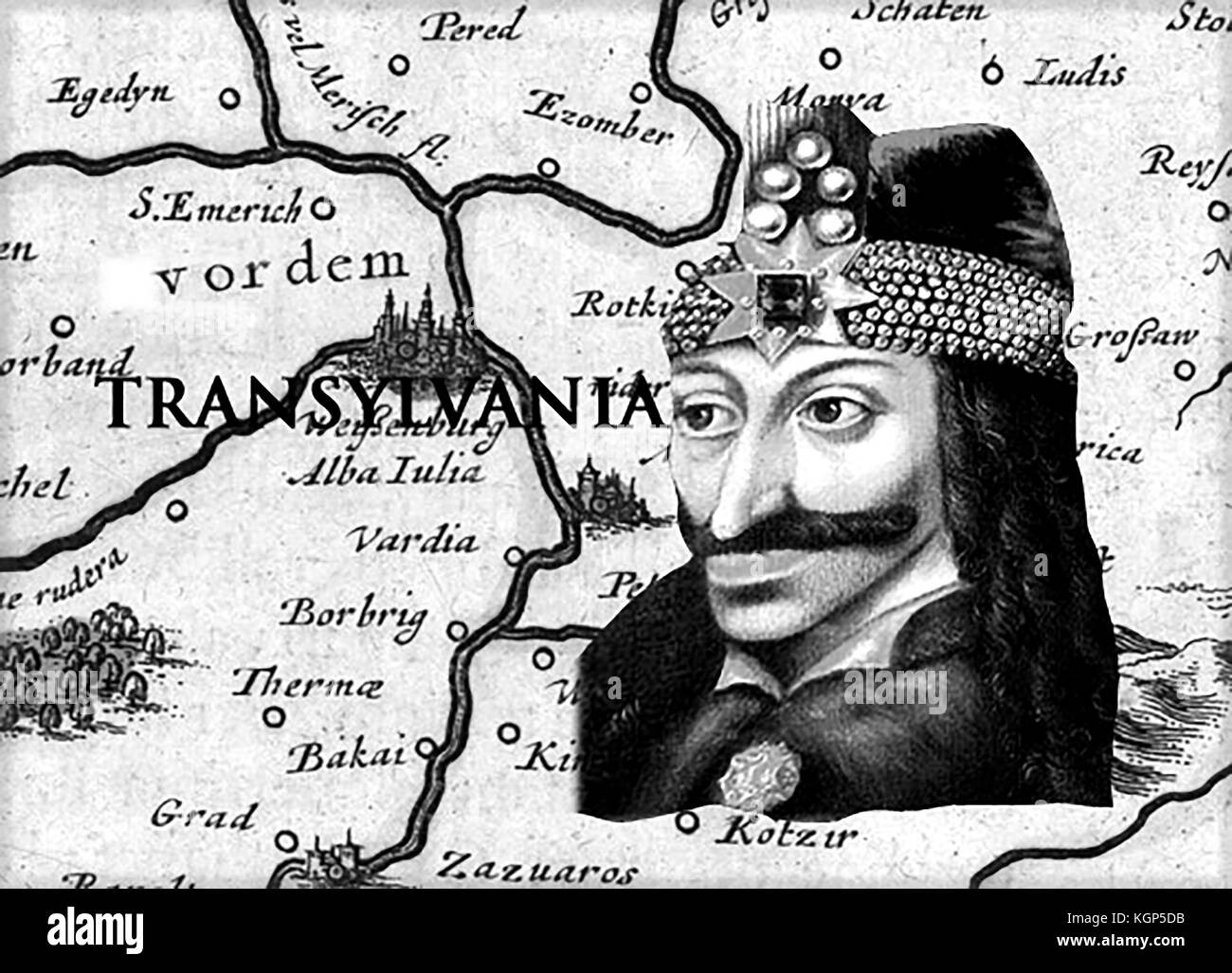 DRACULA - un ritratto del principe Vlad (aka Vlad Dracul, o Vlad l'Impalatore) anche Vlad il drago come egli era membro dell'ordine del Drago, con una vecchia mappa di Valacchia Transilvania Foto Stock