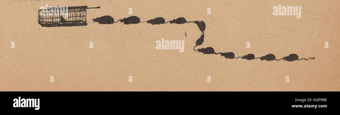 Cartone animato della rivista satirica russa Maski (Masks) raffigurante una catena di topi che si tengono la coda a vicenda con i denti, mentre il topo principale entra in una gabbia, 1906. Foto Stock