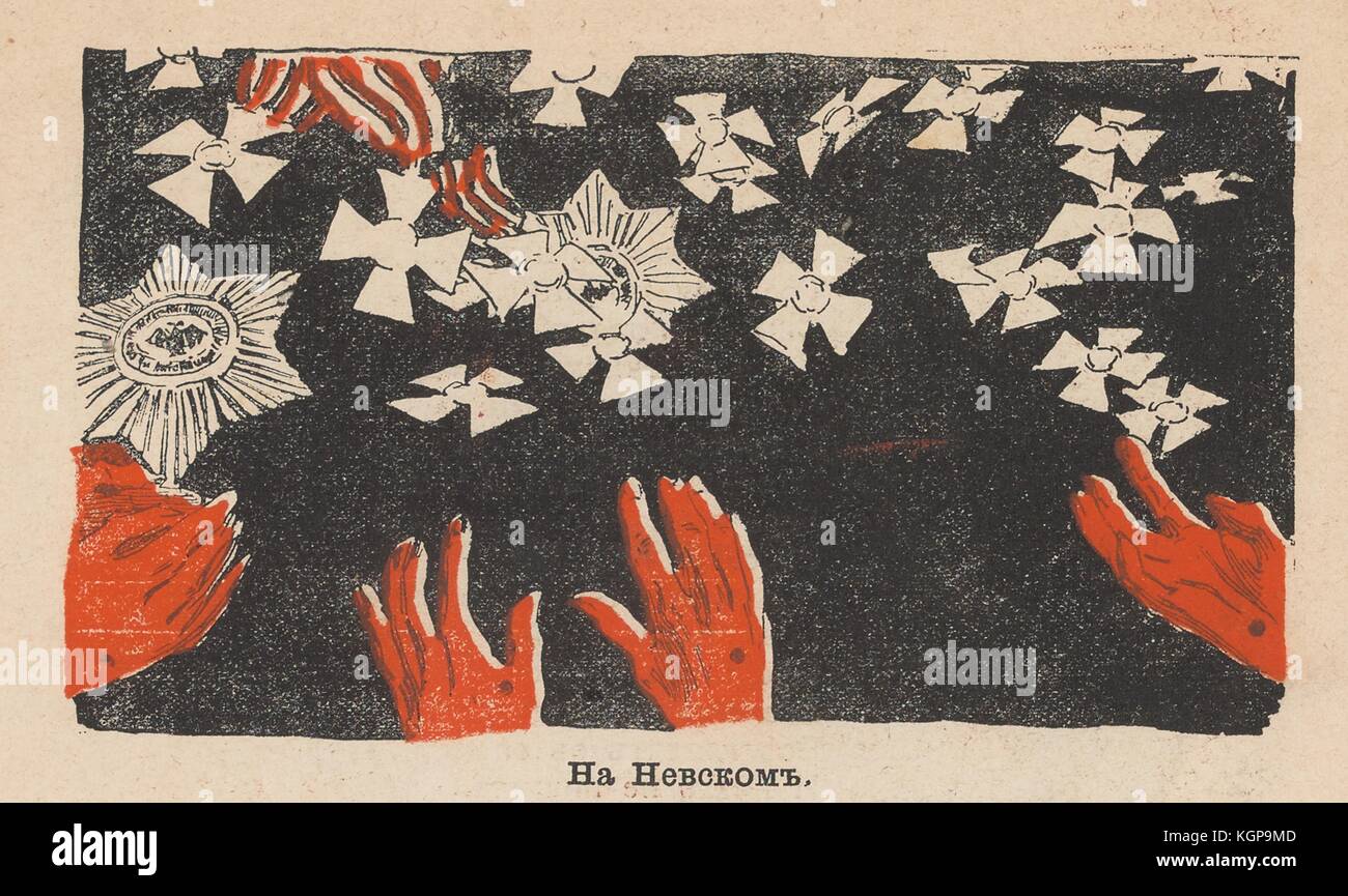 Cartoon della rivista satirica russa Plamia (Flame) che raffigura mani che raggiungono diverse decorazioni militari, con testo che legge 'on Nevsky Prospect', che si riferisce alla strada principale di San Pietroburgo, dove si trova l'edificio dell'Ammiragliato, 1905. () Foto Stock