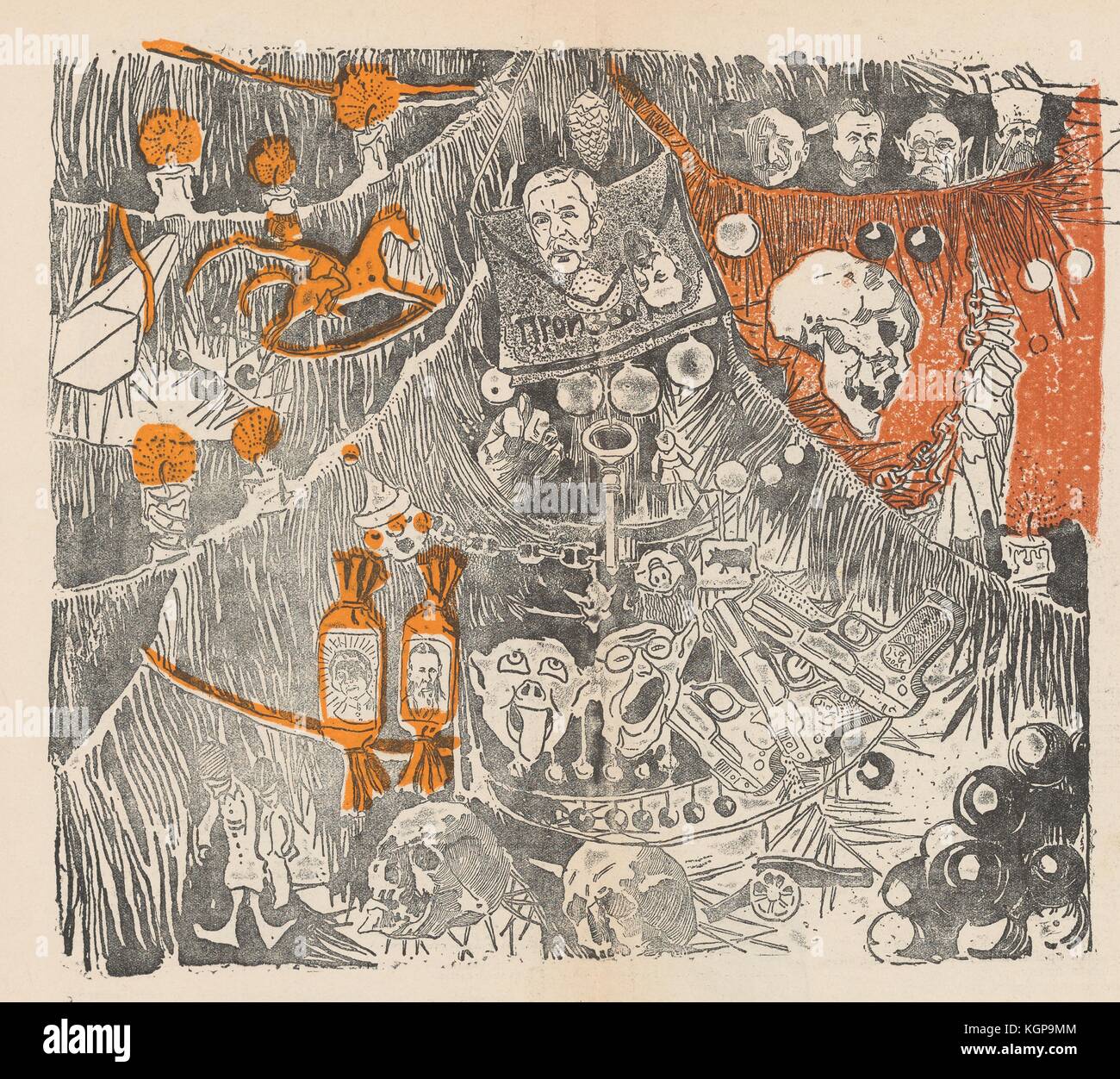 Illustrazione dalla rivista satirica russa Plamia (fiamma) raffigurante un albero di Natale coperto da figure come teschi, facce umane e maiali, pistole, caramelle, un cavallo a dondolo, candele, e altro ancora, 1905. () Foto Stock