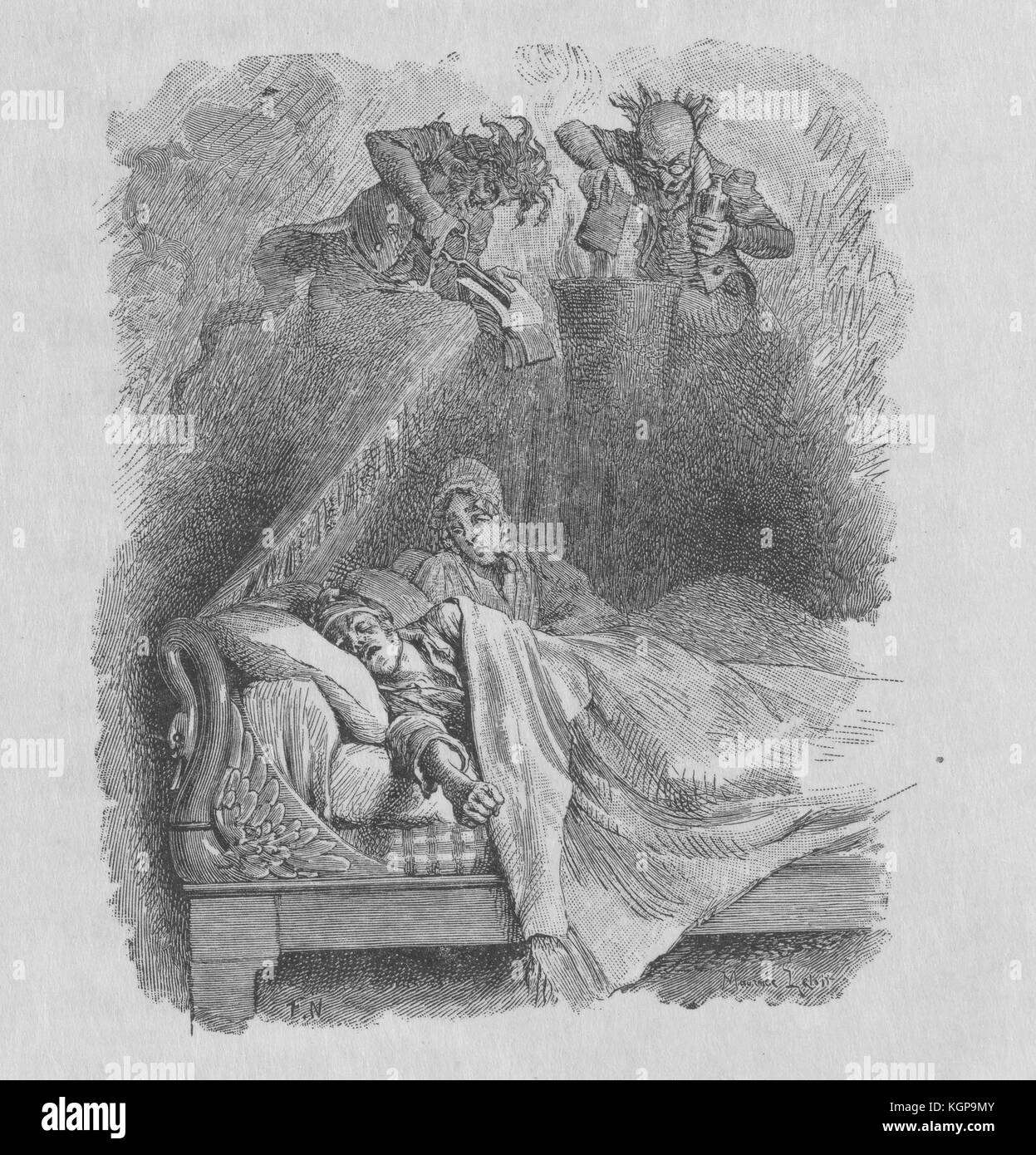 Incisione di una moglie che guarda il marito, che dorme accanto a lei a letto, con uno sguardo di preoccupazione, come ha un incubo circa figure selvagge tagliando, bruciando e altrimenti distruggendo la sua collezione di libri, 1900. Foto Stock