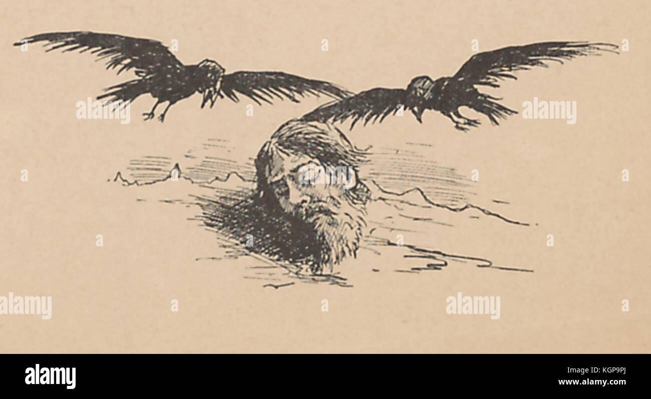 Illustrazione della rivista satirica russa Ovod (Gadfly) raffigurante uccelli che volano verso la testa tagliata di un uomo barbato, uno con il becco aperto, 1906. () Foto Stock