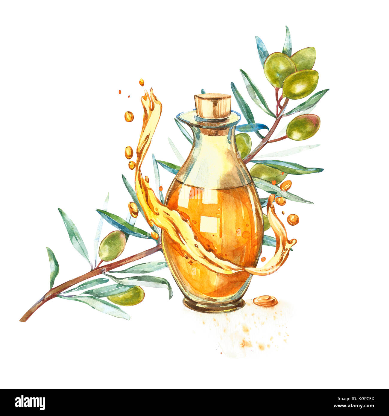 Un ramo di ripe olive verdi è succosa versata con olio. gocce e schizzi di olio d'oliva. acquerello e illustrazione botanica isolati su sfondo bianco. Foto Stock