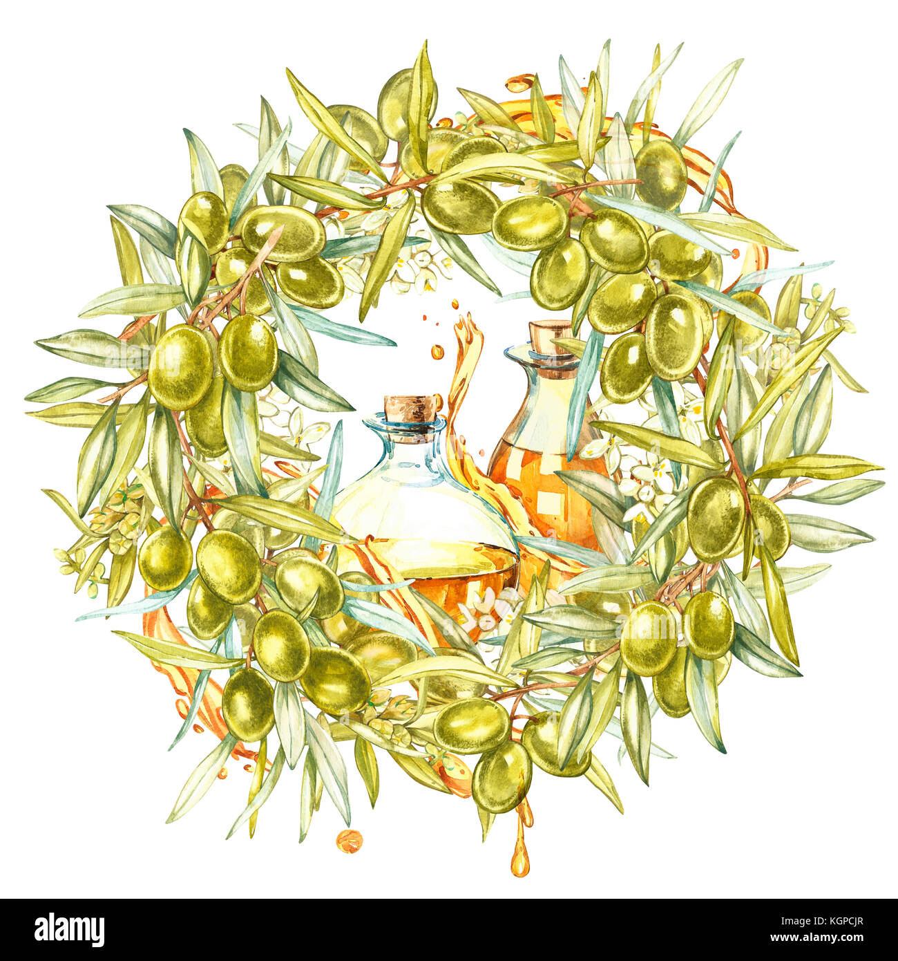 Acquerello colorata ghirlanda realistico con maturi olive verdi da tavola rotonda su sfondo bianco. Foto Stock