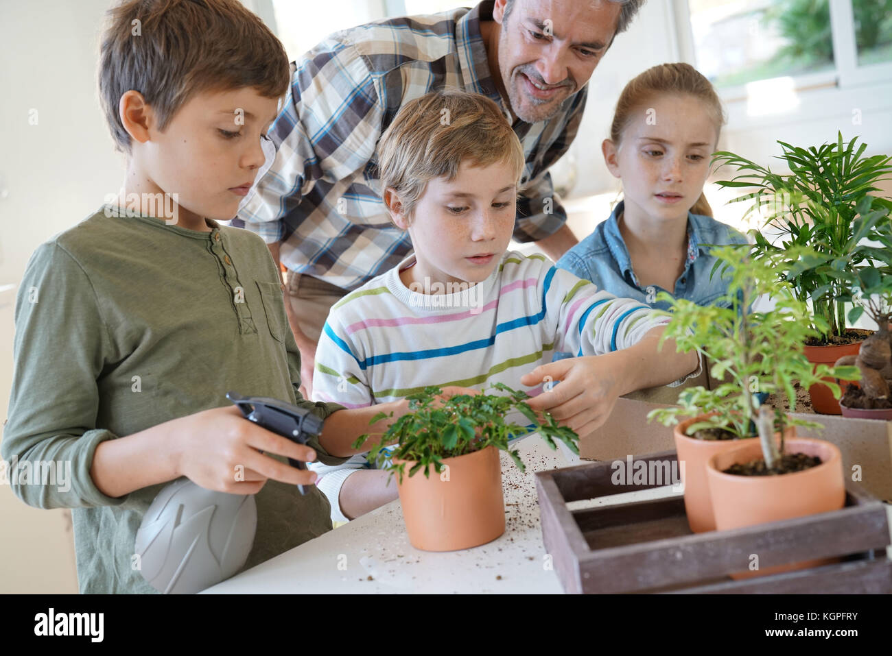 Insegnante con i ragazzi in classe di biologia imparare a conoscere le piante Foto Stock