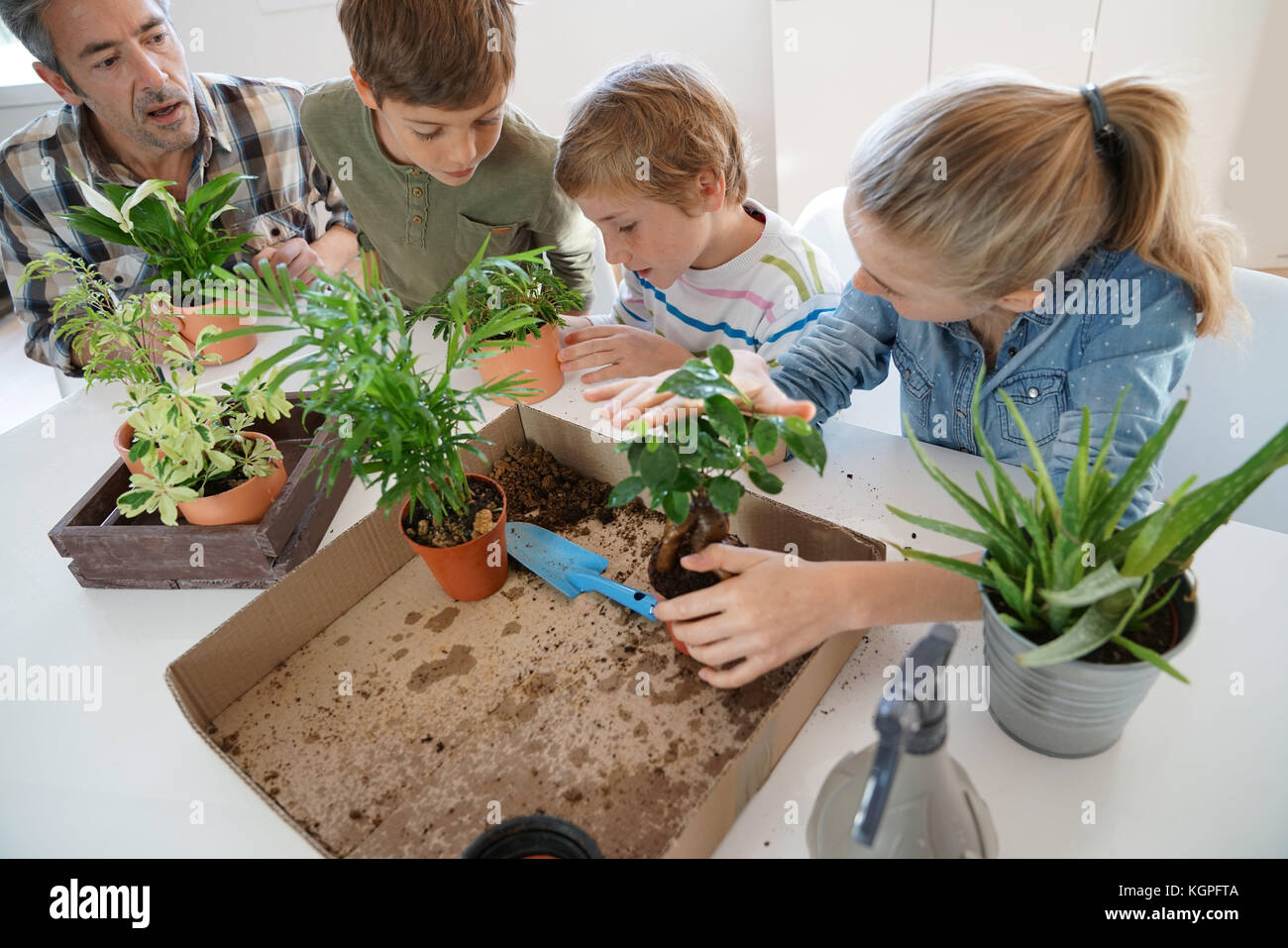 Insegnante con i ragazzi in classe di biologia imparare a conoscere le piante Foto Stock