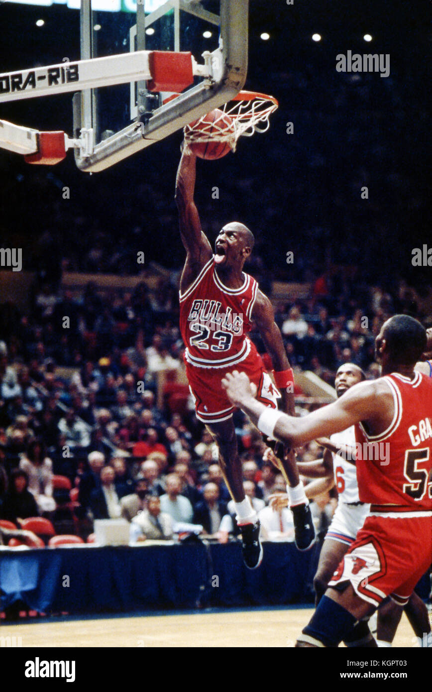 Michael Jordan dunking, 1989. Chicago Bulls contro New York Knicks al Madison Square Garden di New York. Foto Stock