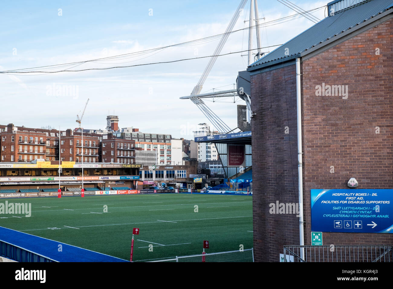 Cardiff Arms Park,Rugby Stadium,home, di Cardiff Blues,a,l'ombra,d,Principato,stadium,Cardiff,capitale,Caerdydd,South Glamorgan,Galles,Welsh,UK, Foto Stock