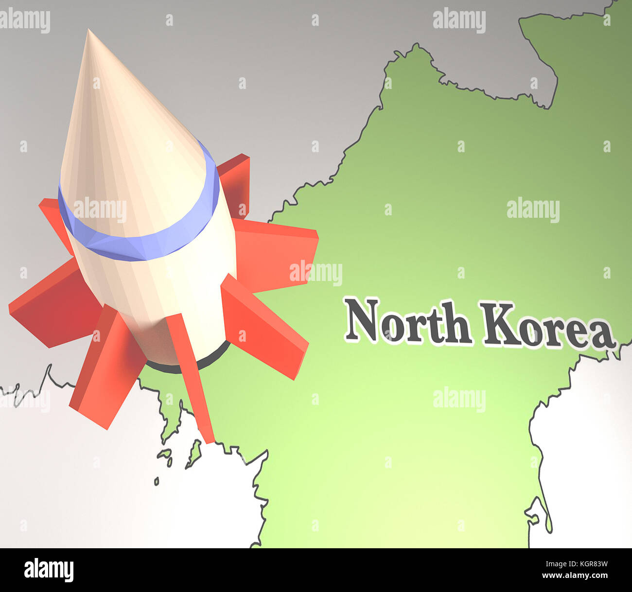 3D render di un missile con mappa della Corea del Nord Foto Stock