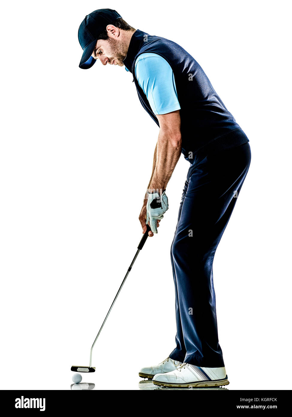 Un uomo caucasico golfista golf in studio isolato su sfondo bianco Foto Stock