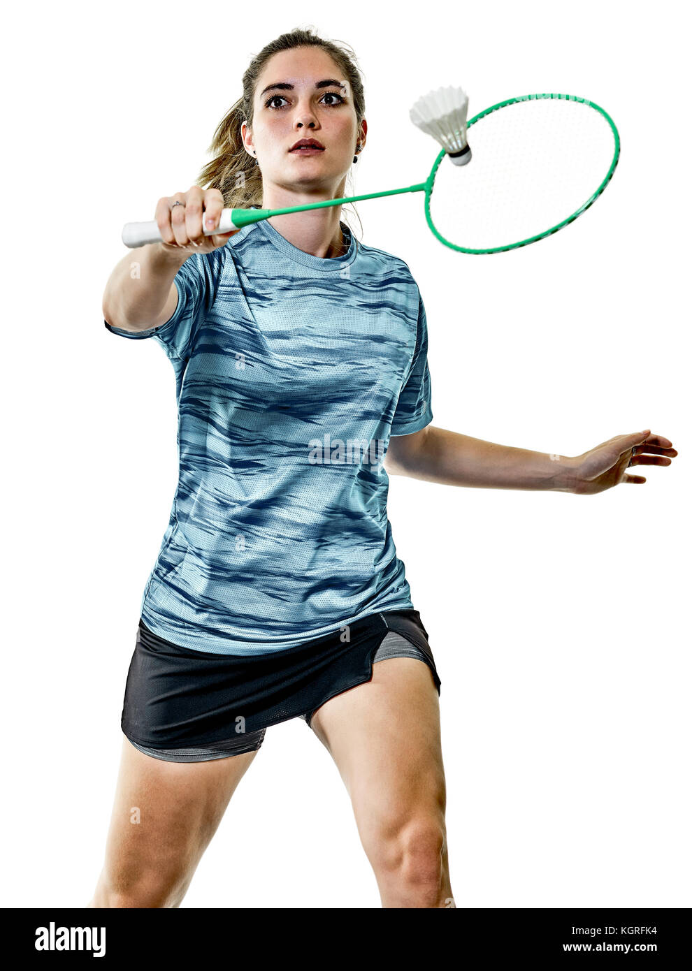 Un caucasian adolescente Ragazza donna giocando Badminton player isolati su sfondo bianco Foto Stock