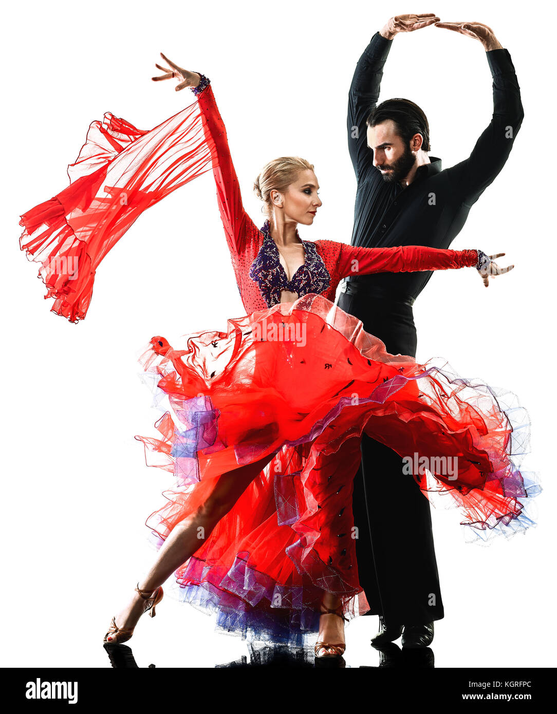 Un uomo caucasico e donna giovane sala da ballo tango ballerini di salsa dancing in studio silhouette isolati su sfondo bianco Foto Stock