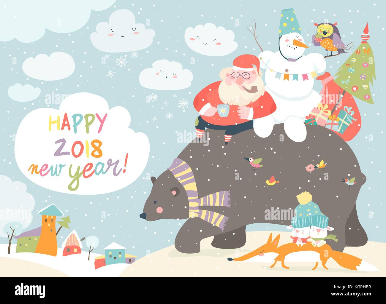 Babbo Natale con pupazzo di neve Equitazione sul retro di orso amichevole Illustrazione Vettoriale