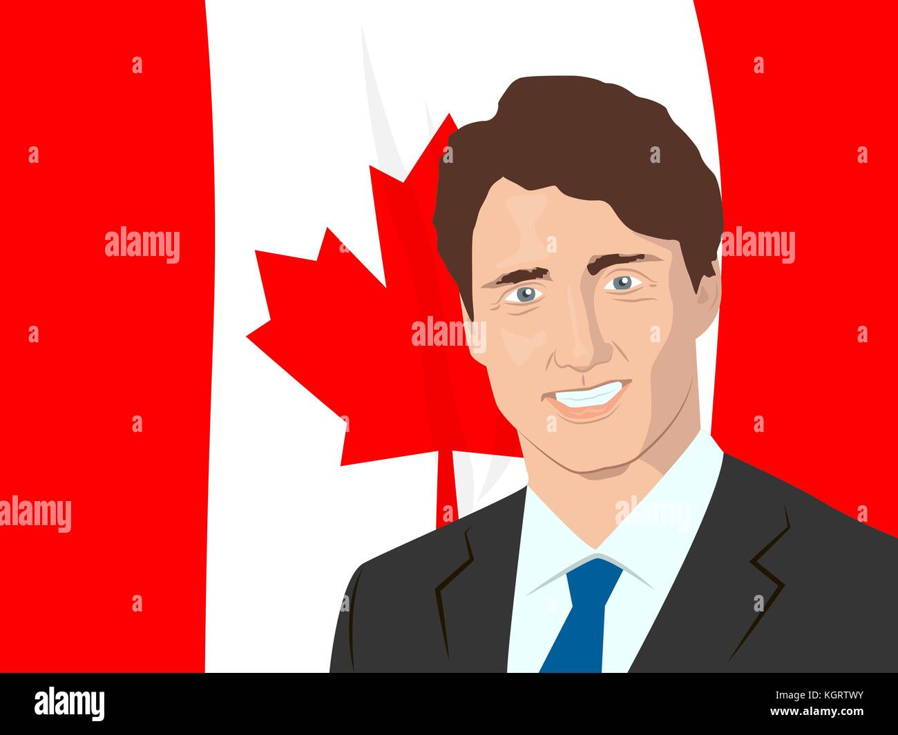 Novembre 10, 2017 llustrazione editoriale del primo ministro del Canada justin trudeau ritratto sulla bandiera canadese sfondo. Illustrazione Vettoriale