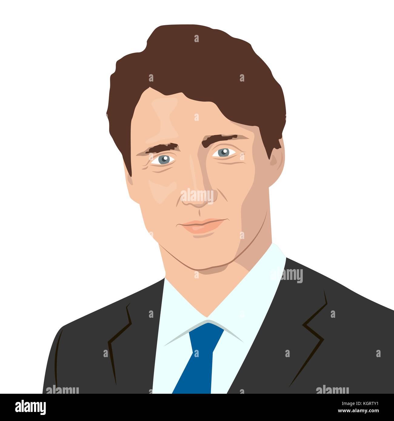 Novembre 10, 2017 llustrazione editoriale del primo ministro del Canada justin trudeau ritratto sulla bandiera canadese sfondo. Illustrazione Vettoriale