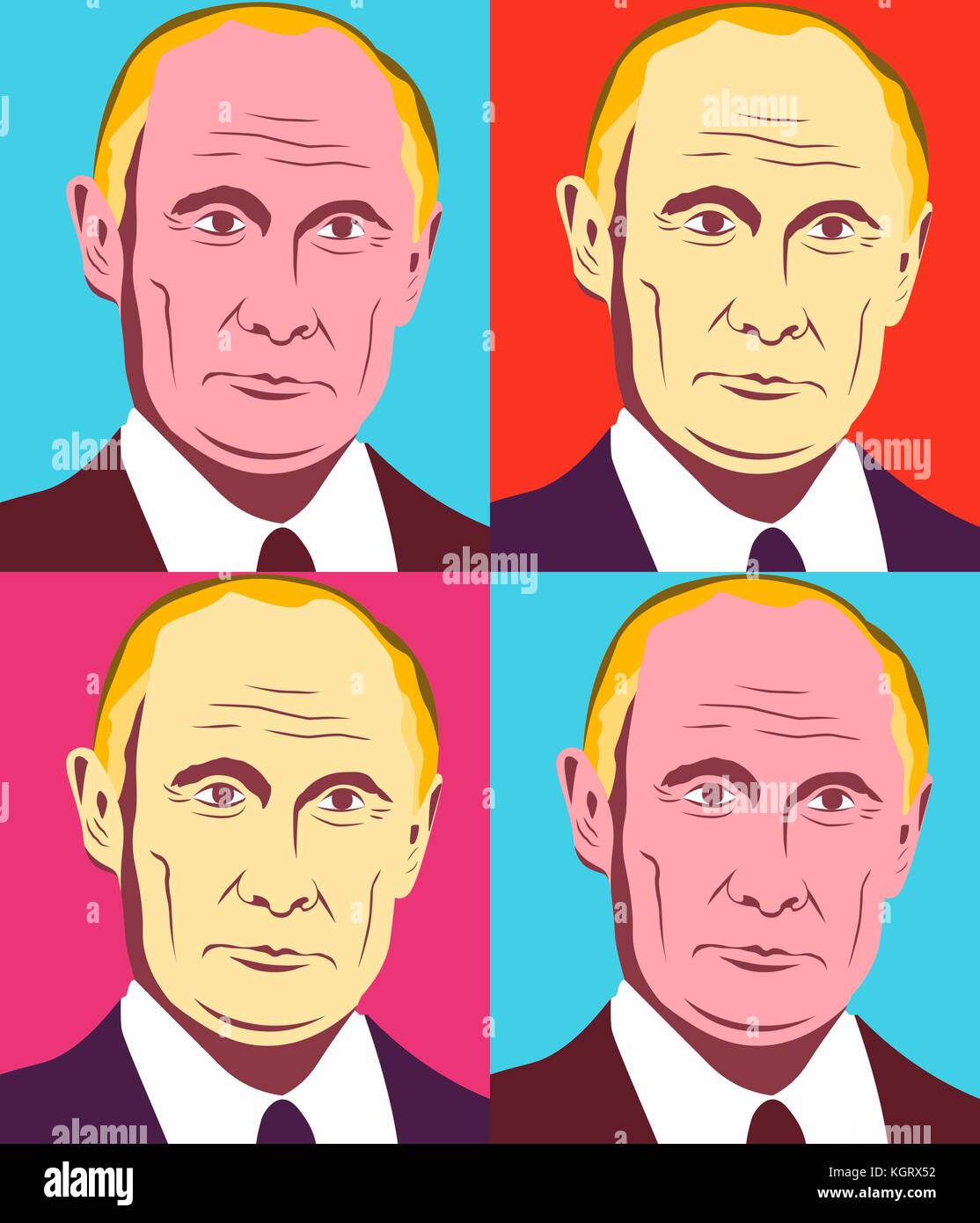 Novembre 10 2017 llustrazione editoriale del presidente della Federazione russa Vladimir Putin in Andy Warhol stile. Illustrazione Vettoriale