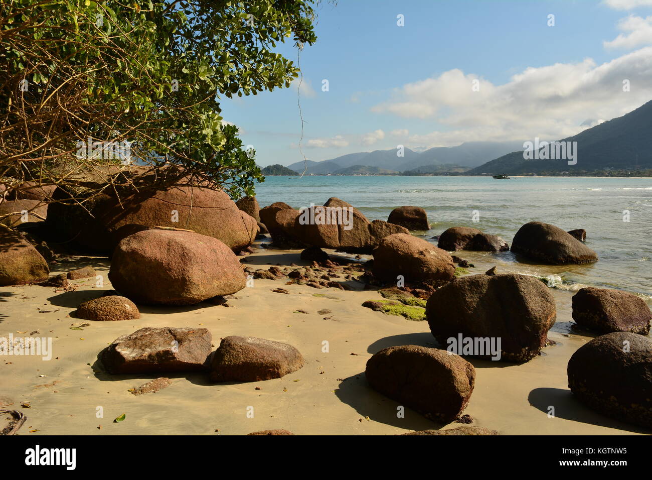 Ubatuba Spiaggia, Montagne, rocce, la sabbia e la foresta atlantica Foto Stock