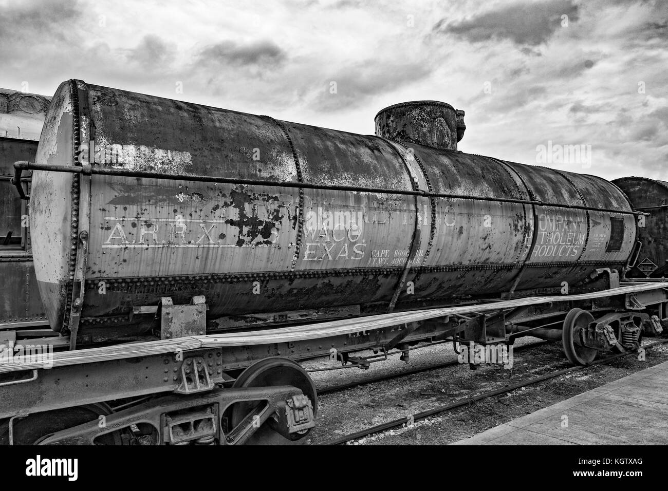 Texas, galveston Railroad Museum, petroliera automotrice, monocromatico Foto Stock