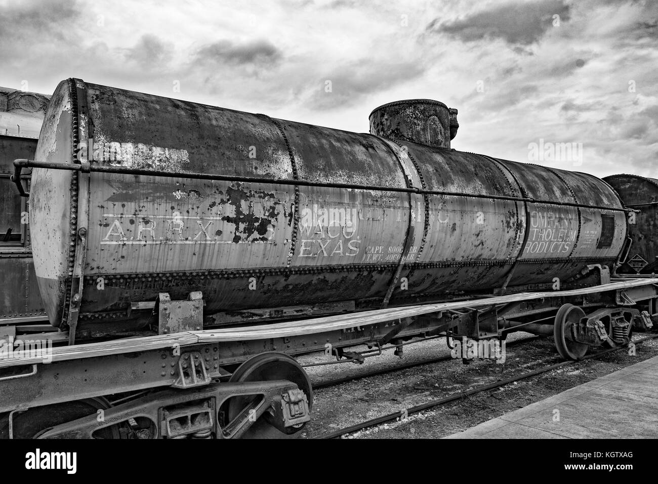 Texas, Galveston Railroad Museum, vagone ferroviario per petroliere, monocromatico Foto Stock