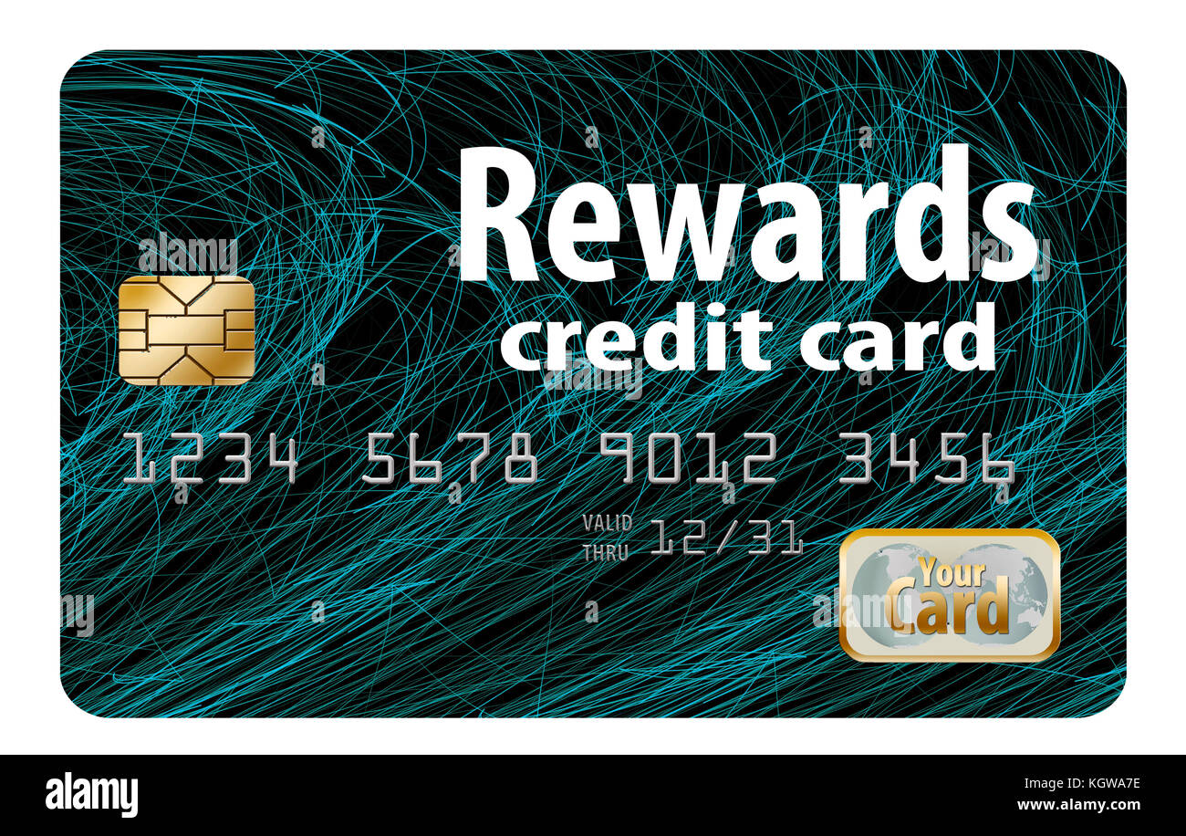 Una carta di credito rewards è isolata su uno sfondo bianco. Si accompagna a un'idea dei punti della carta di credito, delle miglia e di altri premi. Foto Stock