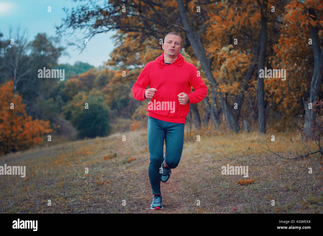 Un sottile uomo forte in un nero sport leggins e giacca rossa corre sul colorfull autumnall forest hill. foto mostra uno stile di vita sano. Foto Stock