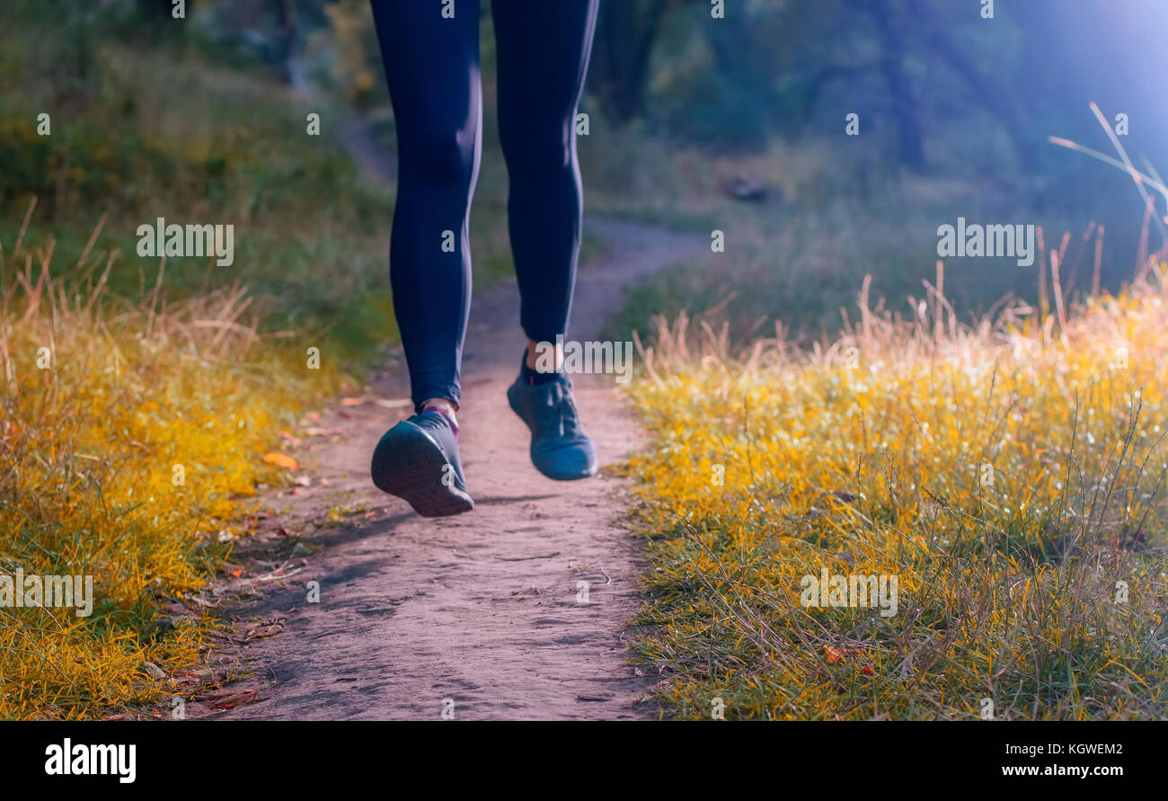 Close-up di un atleta di gambe in leggins nero e nero sneakers. donna pareggiatore che corre lungo il percorso sul autumnall foresta. Foto Stock