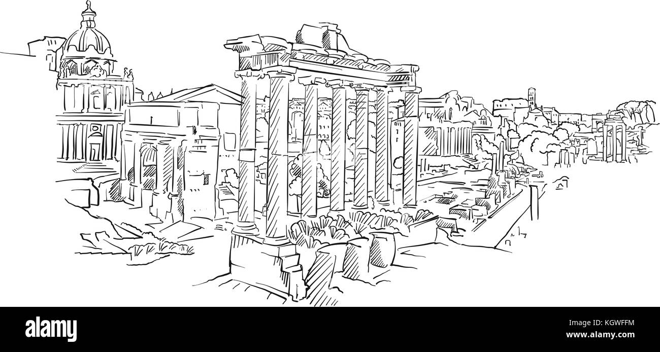 Roma antica foro romano. Disegnata a mano storica pietra miliare. Famosa destinazione di viaggio. Vettore schizzo d'arte. Illustrazione Vettoriale