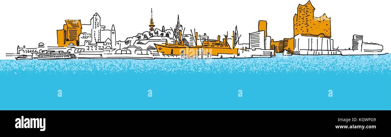 Profilo di Amburgo panorama disegna con dettagli colorati. Disegnata a mano storica pietra miliare. Famosa destinazione di viaggio. Vettore schizzo d'arte. Illustrazione Vettoriale