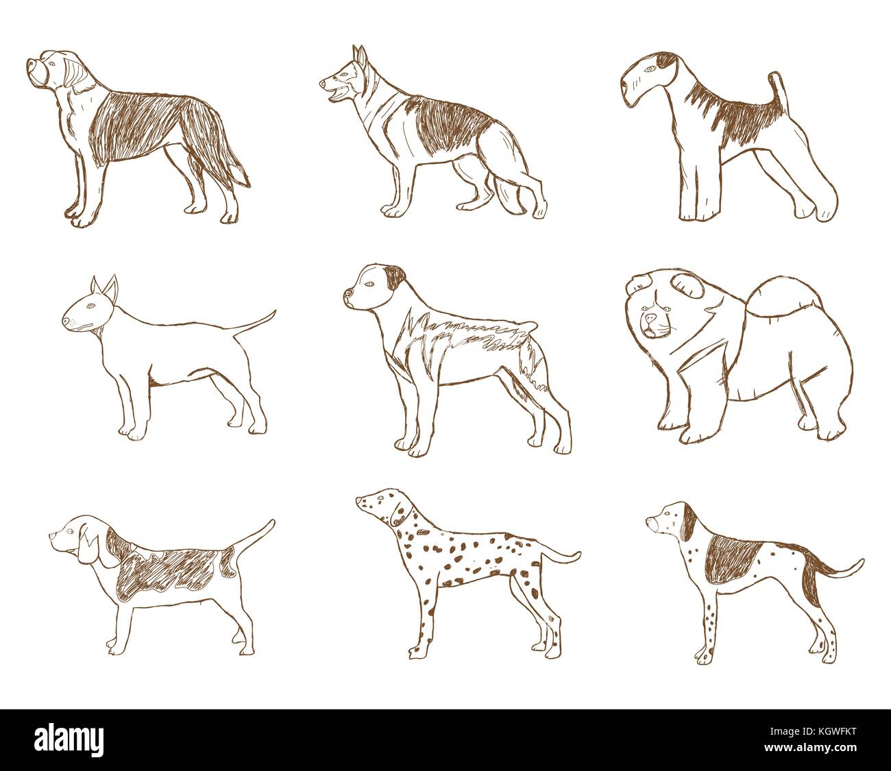 Cani set. illustrazione vettoriale. cartoon schizzo isolati su sfondo bianco. Illustrazione Vettoriale