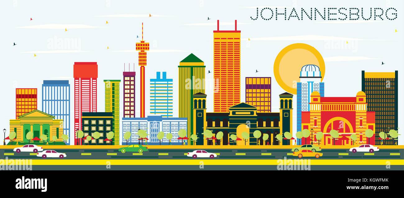 Lo skyline di Johannesburg con edifici di colore e cielo blu. illustrazione vettoriale. viaggi di affari e di turismo con il concetto di Johannesburg edifici moderni. Illustrazione Vettoriale
