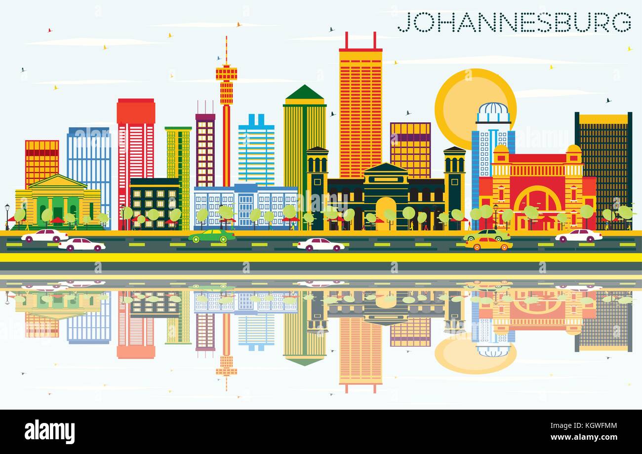 Lo skyline di Johannesburg con edifici di colore, cielo blu e riflessi. illustrazione vettoriale. business viaggi e turismo concept Illustrazione Vettoriale