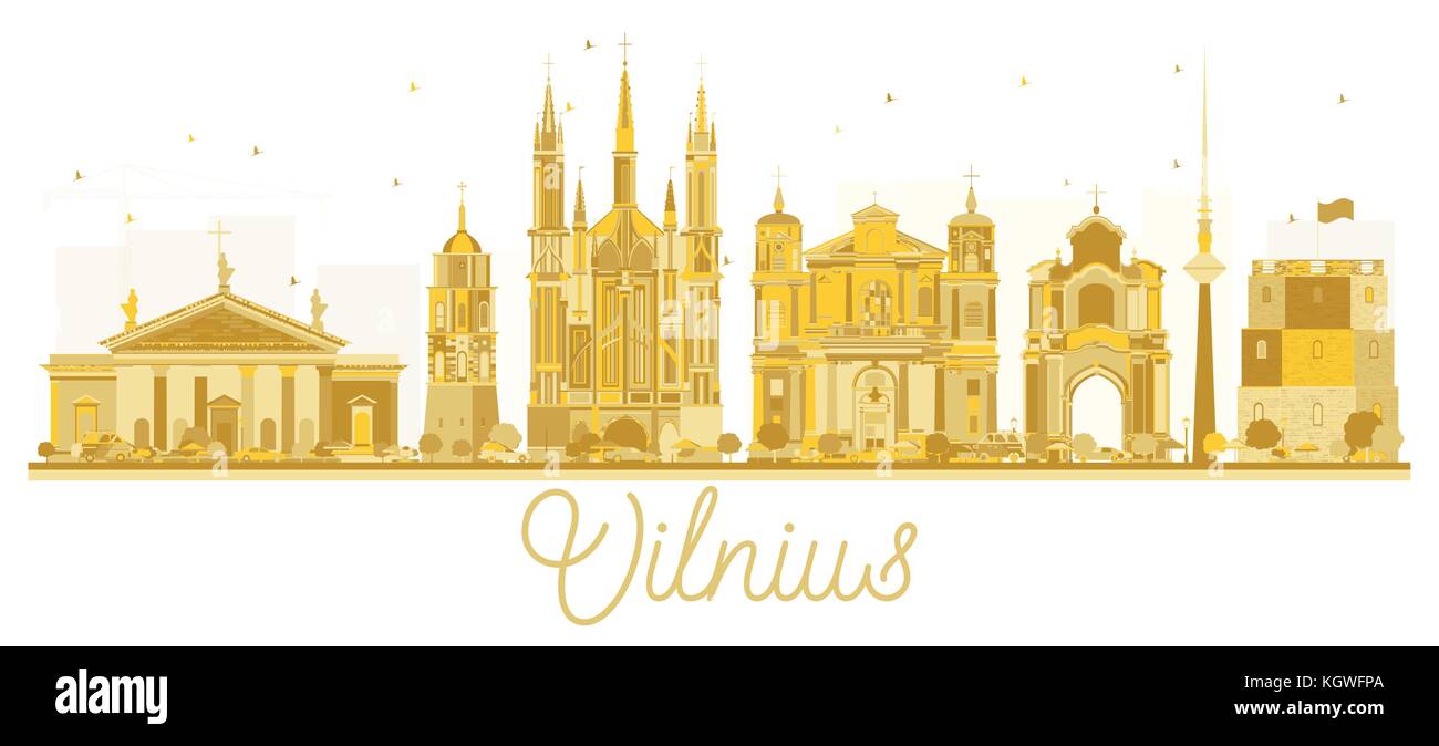 Vilnius Lituania dello skyline della città golden silhouette. illustrazione vettoriale. business travel concept. vilnius cityscape con punti di riferimento. Illustrazione Vettoriale