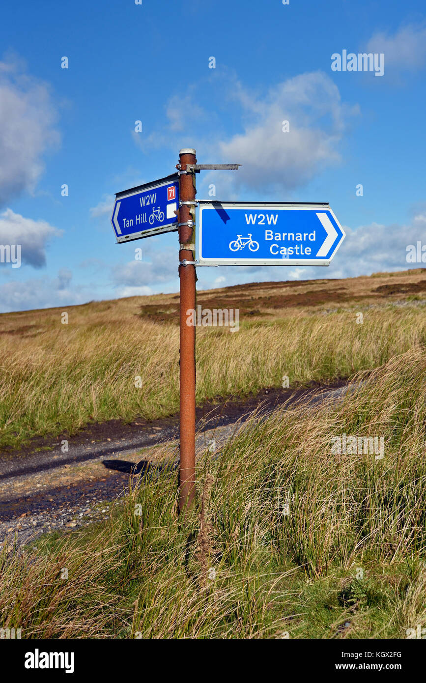 Cartello, ciclo nazionale Route 71 e W2W rotta. Tan Hil, Richmondshire, North Yorkshire, Inghilterra, Regno Unito, Europa. Foto Stock