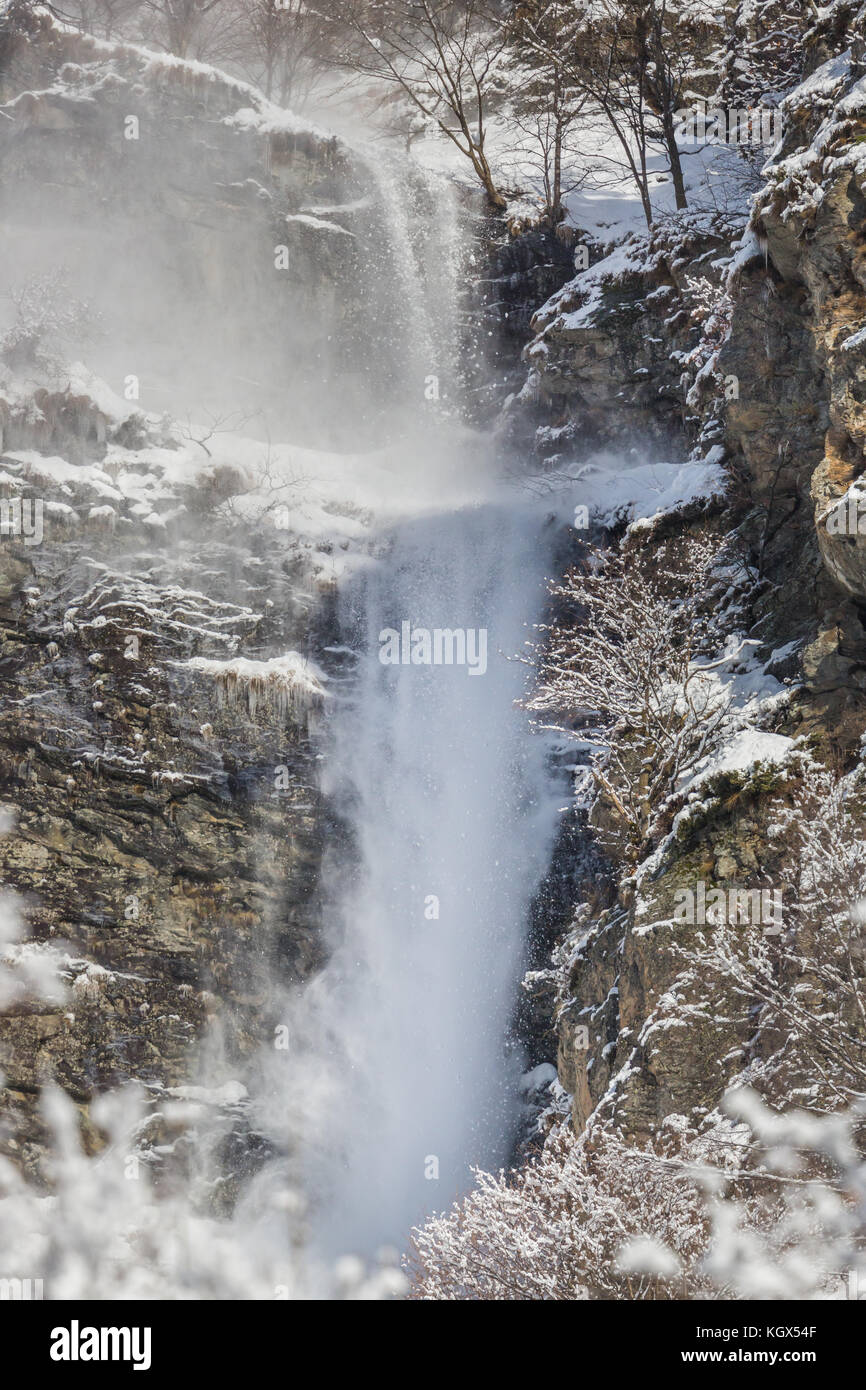 Neve a valanga scorrevole in corrispondenza di una parete rocciosa scogliera in inverno le montagne con alberi Foto Stock