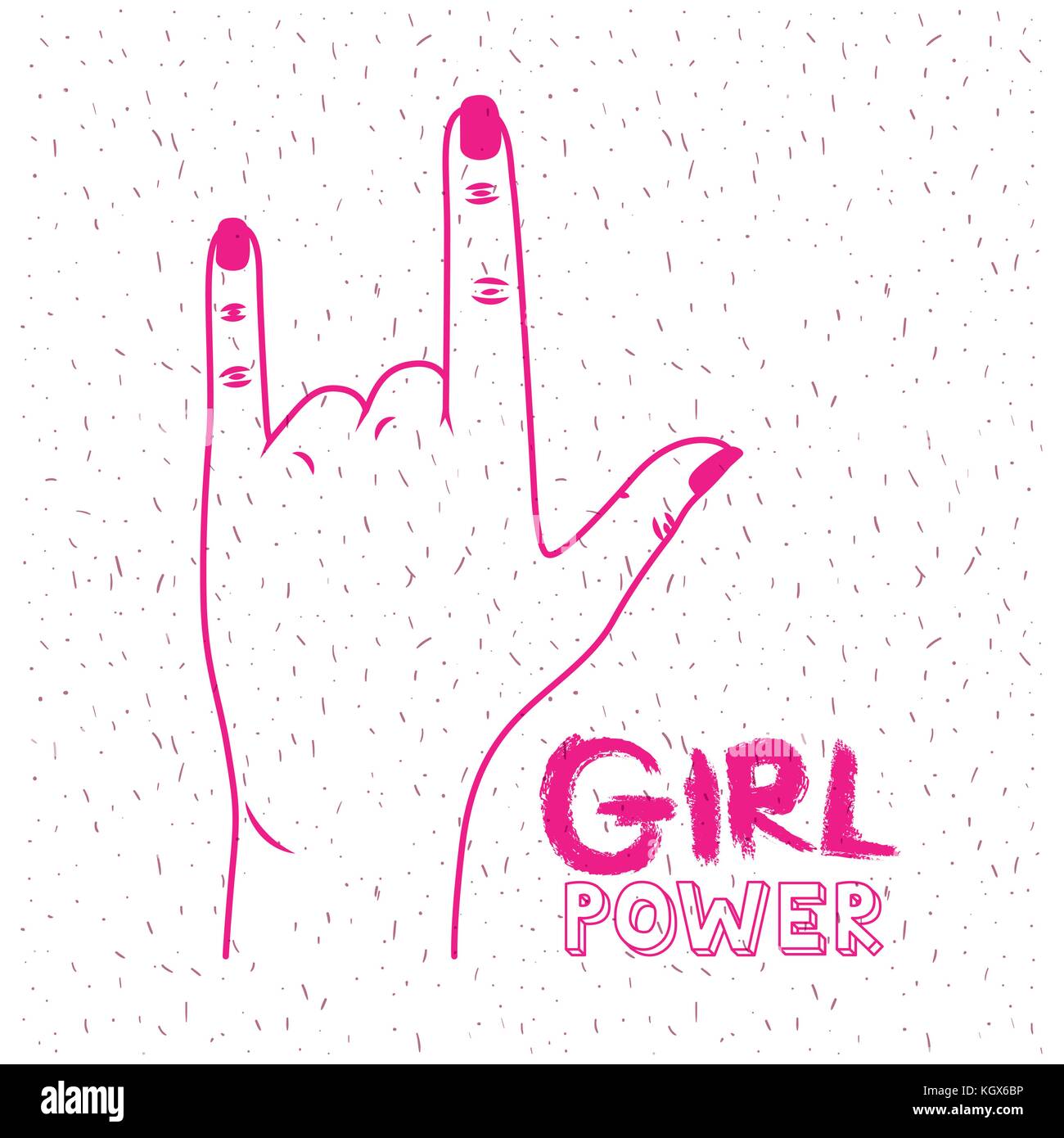 Girl power poster testo e canto rendendo corna segnale in silhouette magenta Illustrazione Vettoriale