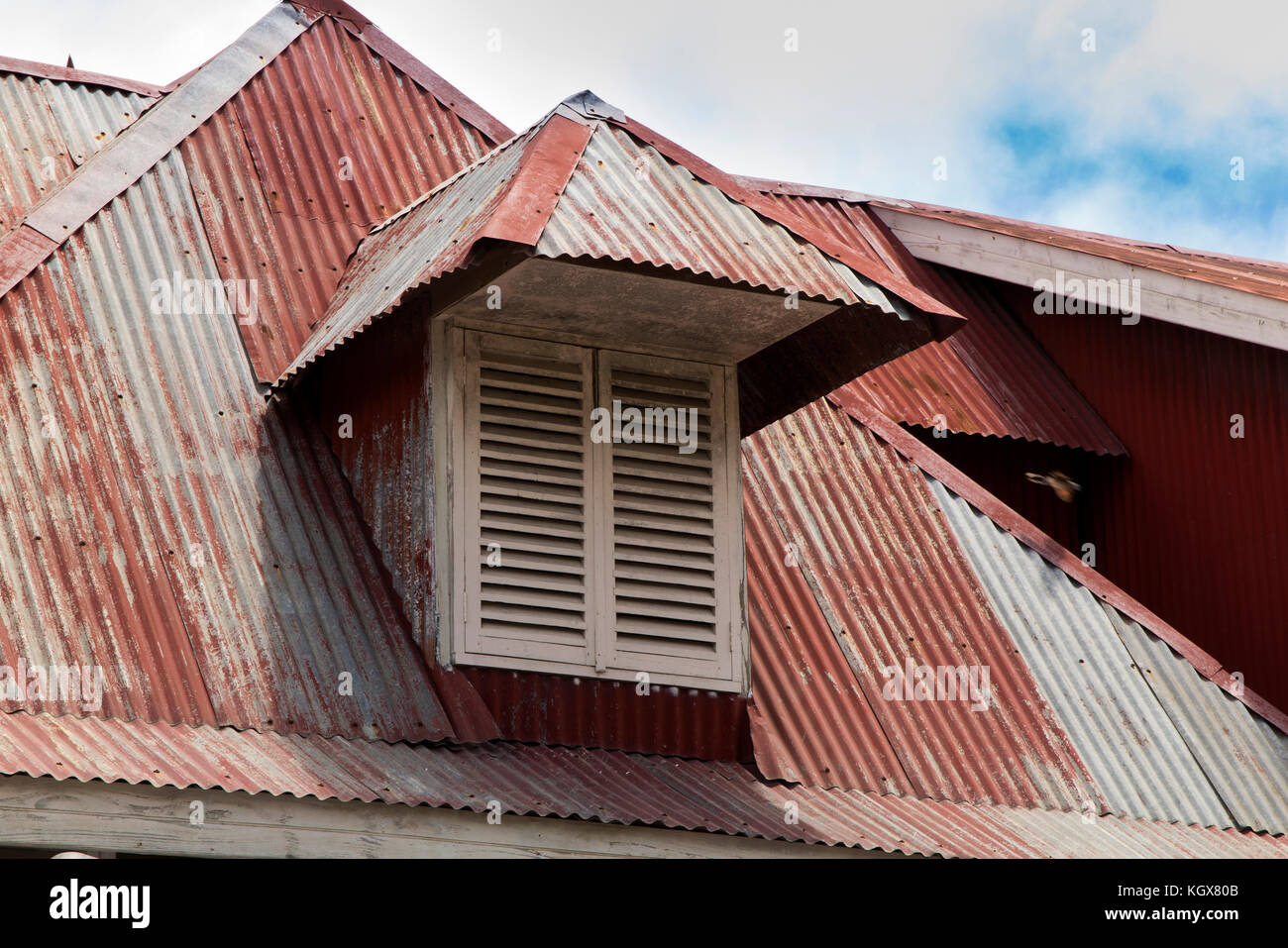 La Seychelles, La Digue, La Passe, case, ferro corrugato sul tetto della casa, abbaino con otturatore Foto Stock