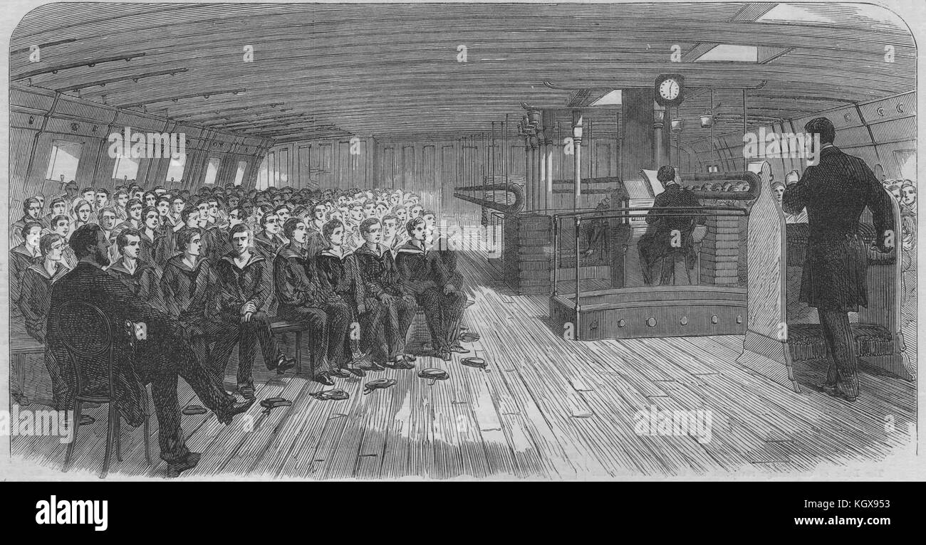 Il servizio divino a bordo della nave di formazione infaticabile a Liverpool 1866. Il Illustrated London News Foto Stock