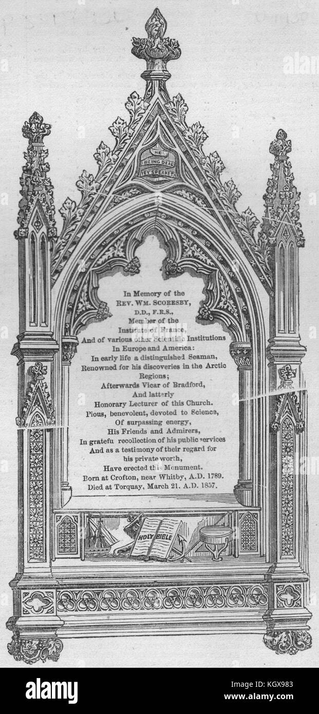 Memoriale al fine Rev. Il dott. Scoresby, in Upton Chiesa, Torquay. Devon 1858. Il Illustrated London News Foto Stock
