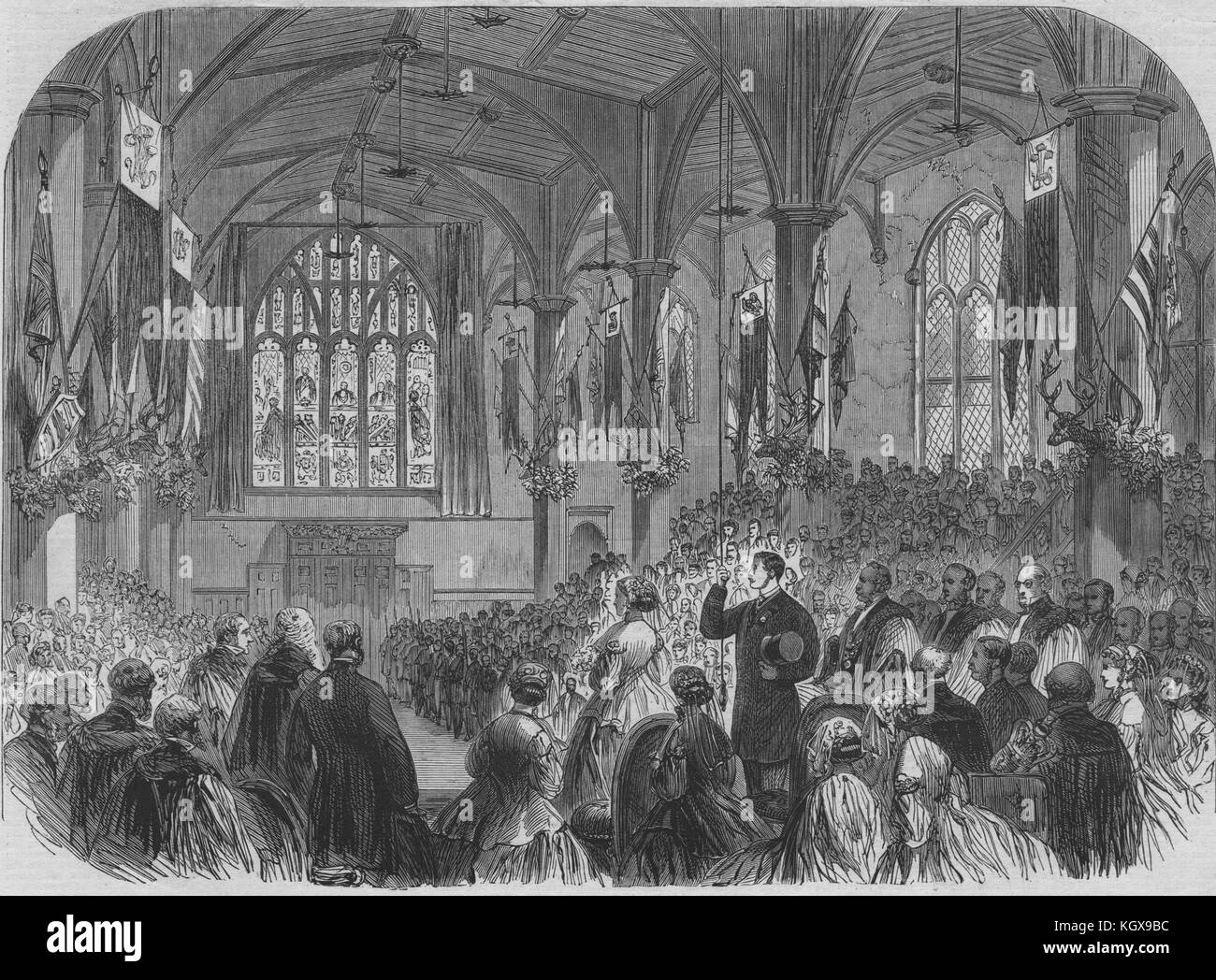 Sua Altezza Reale svela il Principe Consorte Memorial finestra, Guildhall 1866. Il Illustrated London News Foto Stock