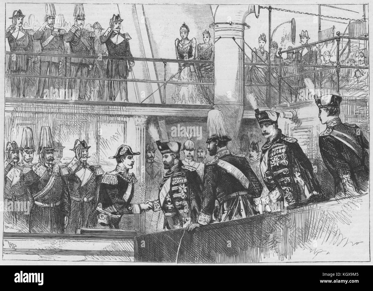 Il Principe di Galles accogliente l'imperatore tedesco al porto di Victoria. Kent 1891. Il Illustrated London News Foto Stock