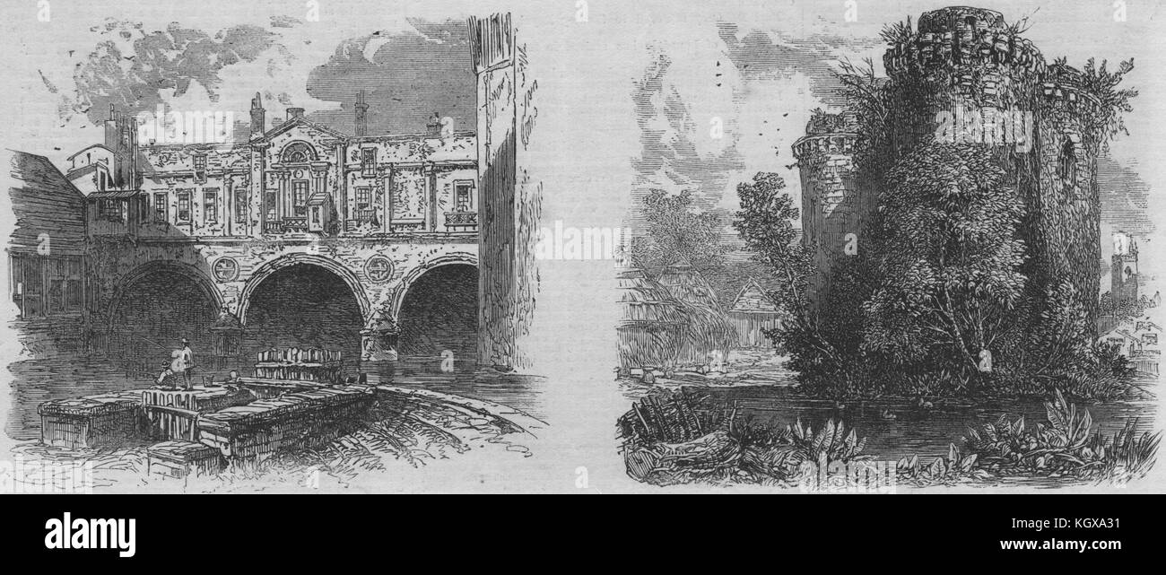Pulteney Bridge, bagno; Castello di Nunney, Near Bath 1864. Il Illustrated London News Foto Stock