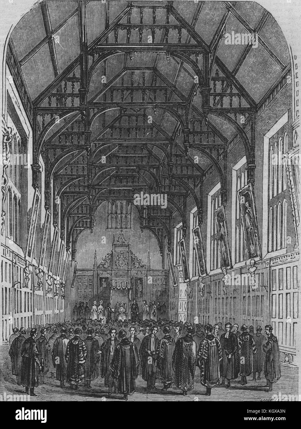 La regina Victoria ricevere indirizzi nella grande hall presso il Trinity, Cambridge 1843. Il Illustrated London News Foto Stock