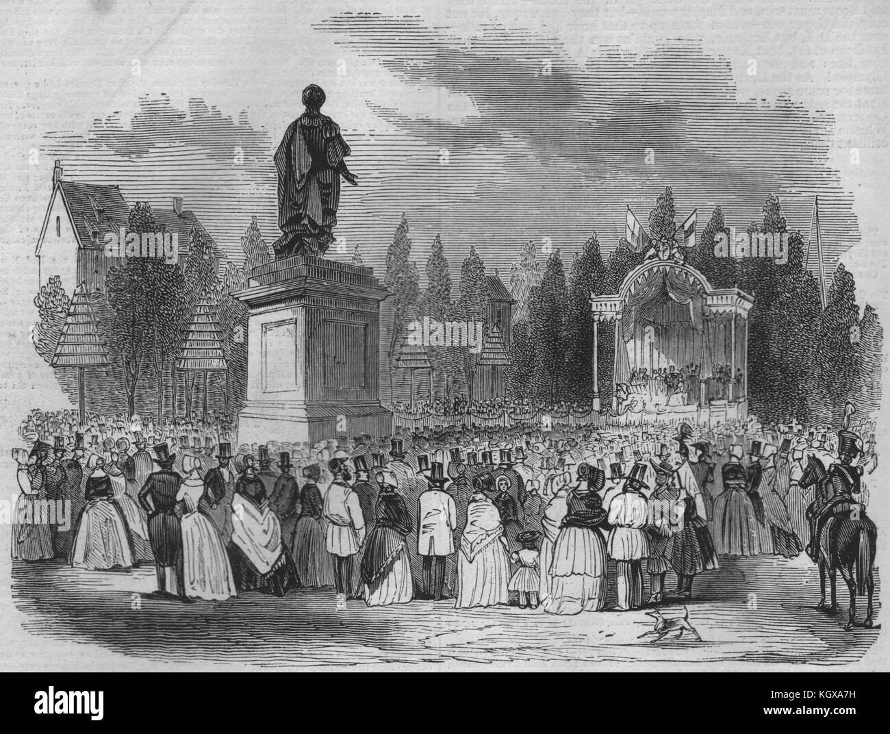 Il royal party nel posto verte a Anversa - Statua di Rubens. Belgio 1843. Il Illustrated London News Foto Stock