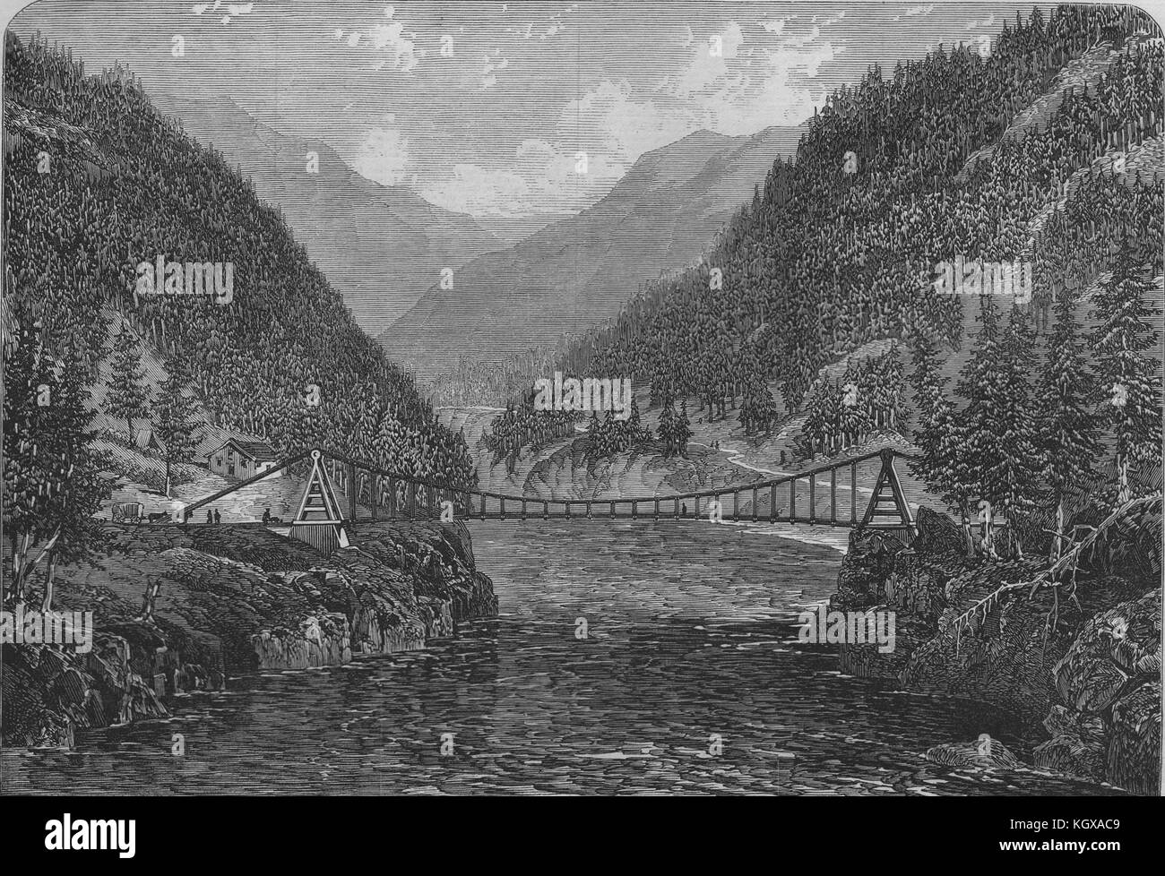 Filo sospensione ponte sopra il fiume Fraser, British Columbia. Canada 1866. Il Illustrated London News Foto Stock