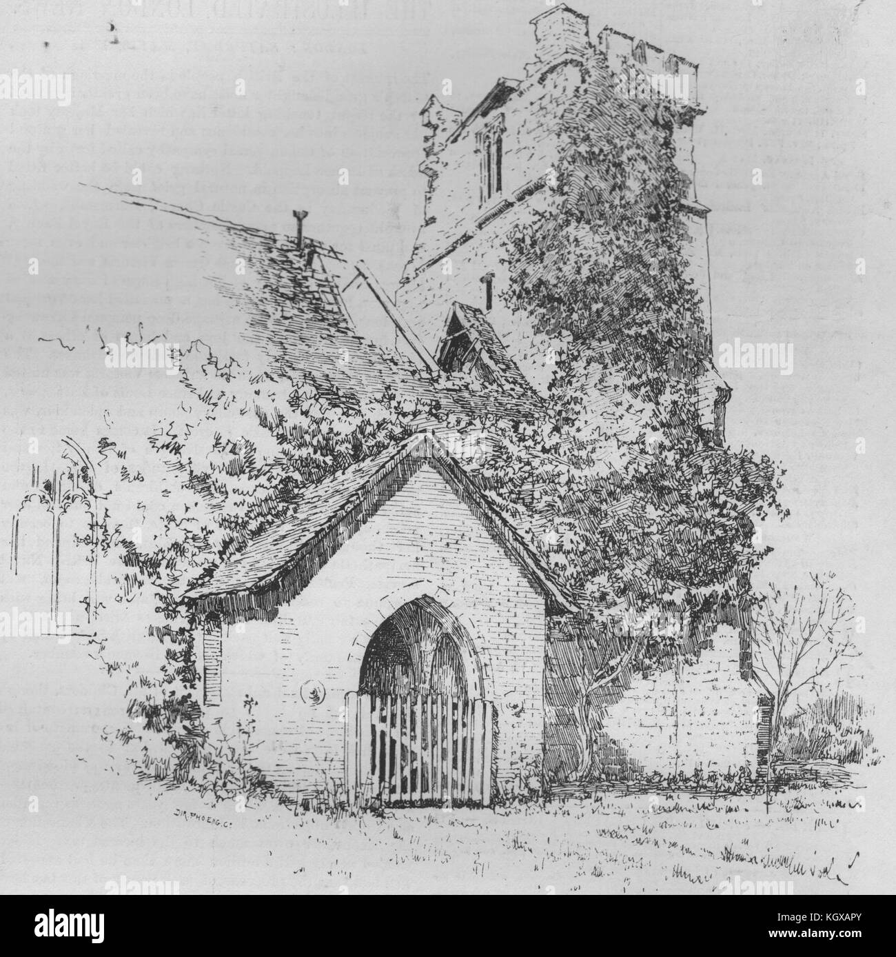 Chiesa Langenhoe, con la torre in rovina e tetto. Essex 1884. Il Illustrated London News Foto Stock