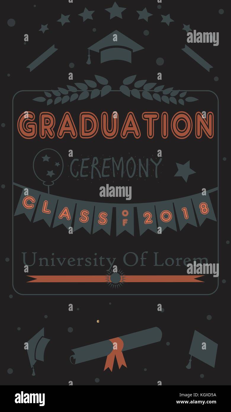 Cerimonia di laurea annuncio. classe di 2018. uno stile rétro. vecchio stile su sfondo scuro. Illustrazione Vettoriale