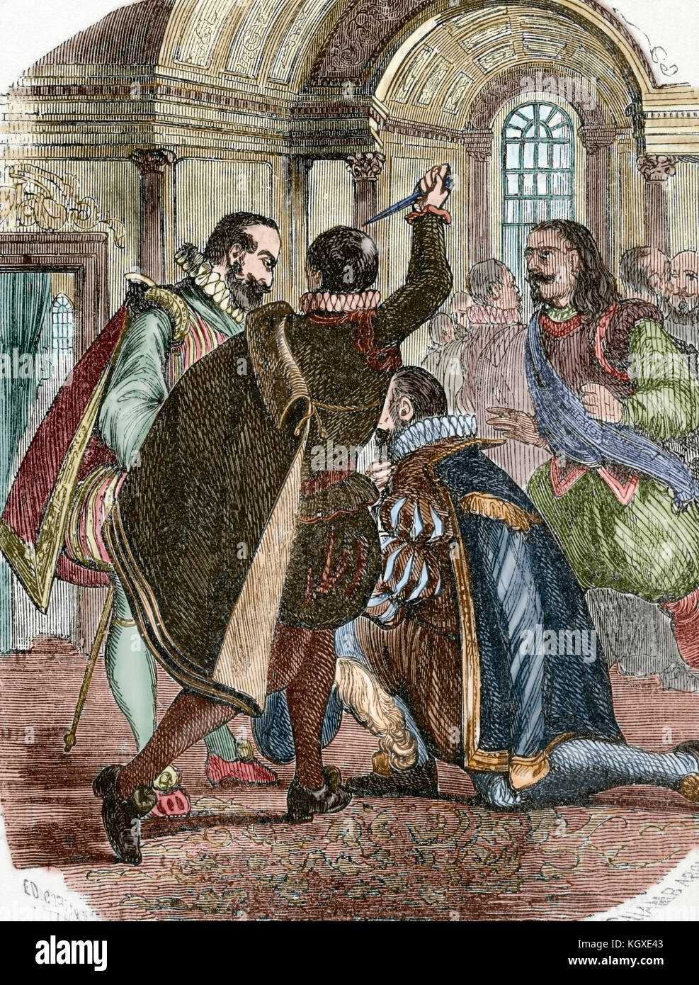 Tentativo di assassinare il re Enrico IV di Francia (1553-1610) da Jean Chatel (1575-1594) nel dicembre 1594. Incisione di Chamb Aron, 1851. Colorati. Foto Stock